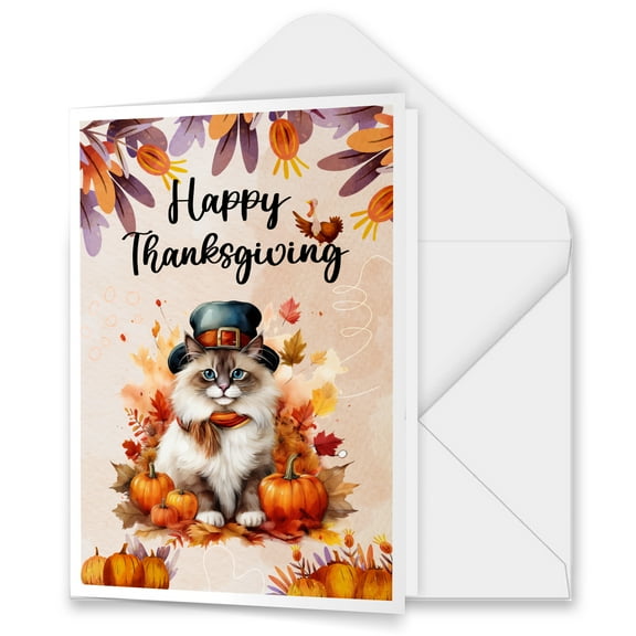 Happy Thanksgiving Ragdoll Welcome Thankful Fall Autumn Pumpkin 5x7in Folded Greeting Card Cat Lover Kitten Owner Gifts Idea Single Note Card with Envelope - 02021
