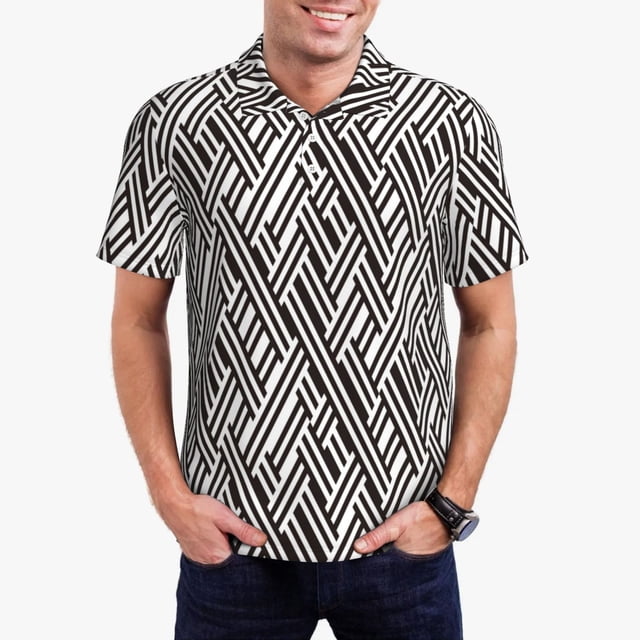 Balery Black White Stripes Camisa Polo de Hombre con Estampado, de Manga Corta y Tejido Medio, Camisa Tipo Golf Polo-3X-Large