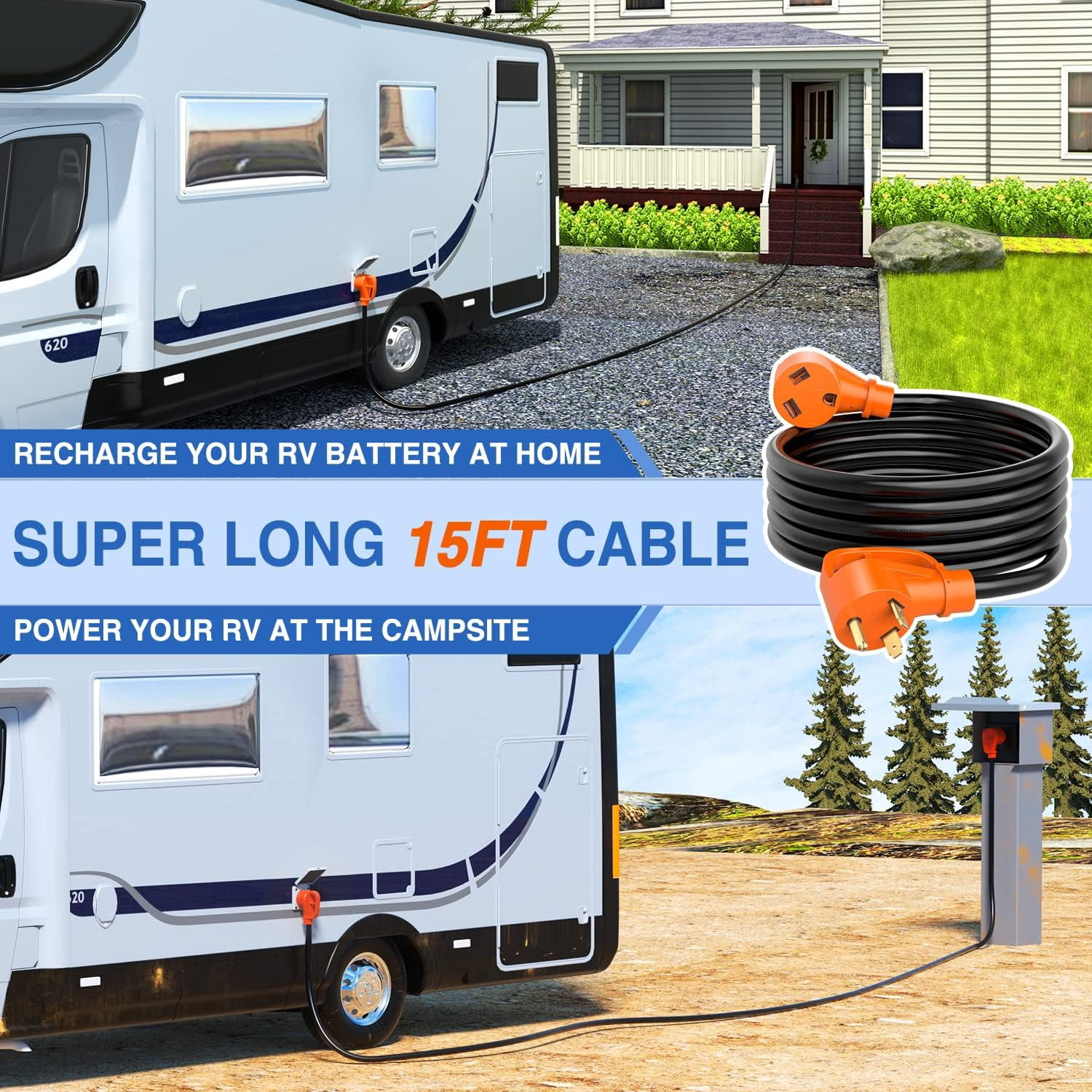 30 Amp 15FT RV Extension Cord 125V Heavy Duty 10 Gauge Pure Copper STW Wire 3 Prong TT-30P TT-30R 30F/30M Weatherproof Suit for Camper Caravan Trailer