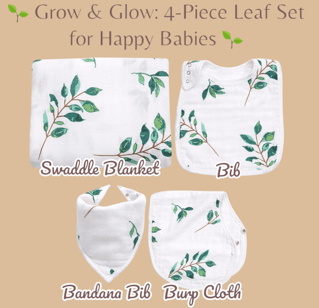 ZandH Global Leaf Baby Bamboo Cotton Muslin Swaddle Blanket, Bib, Burp Cloth, Bandana Bib Set. Soft, Lightweight and Breathable. Swaddle, Nursing Cover, Playmat and Stroller Cover
