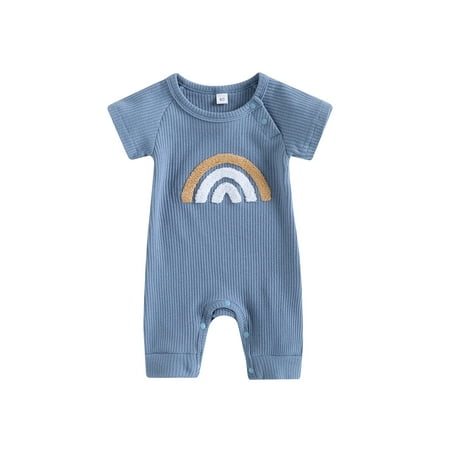 

Infant Baby Girls Boys Romper Rainbow Print Short Sleeve Crew Neck Snap Closure Jumpsuits Summer Newborn Waffle Bodysuits