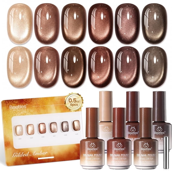Beetles Cat Eye Gel Nail Polish Set, Gilded Amber 6 Colors Brown Magnetic Gel Polish, 15ml Each