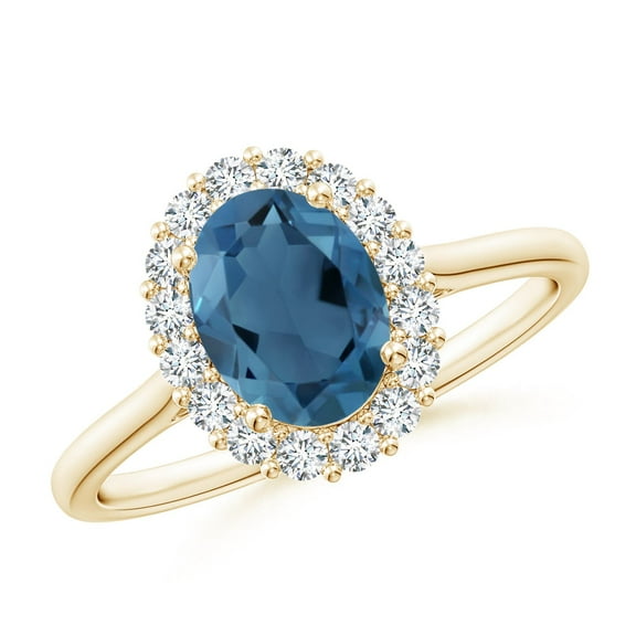 ANGARA Natural Oval 1.5 ct London Blue Topaz Ring with Floral Diamond Halo in 14K Yellow Gold for Women (Size-8x6mm) | November Birthstone Jewelry for Women | London Blue Topaz Ring (Ring Size - 7.5)