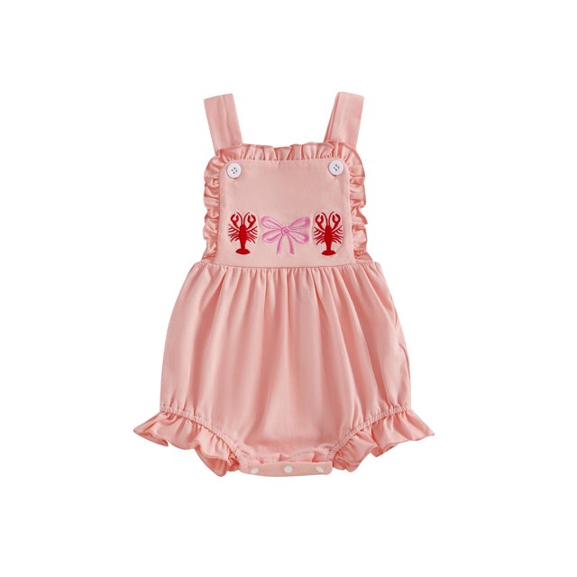 SUNSIOM Baby Girls Summer Sweet Overalls Infant Sleeveless Lobster Bow Embroidery Ruffle Trim Romper