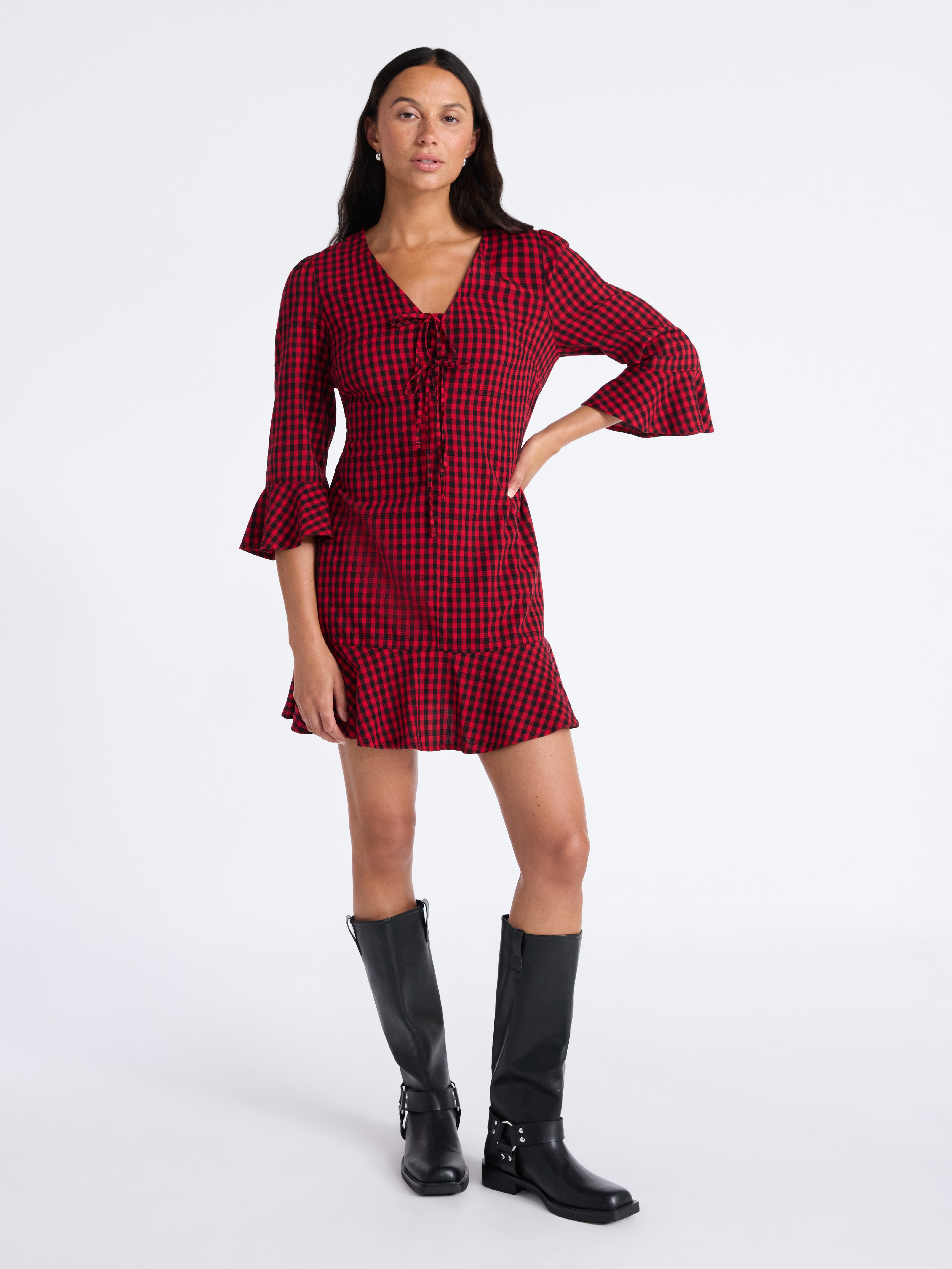 Time and Tru Women's Plaid Tie Front Mini Dress, Sizes XS-XXXL