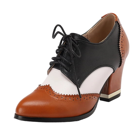 DeHolifer Womens PU Shoes Chunky High Heels Lace Up Wingtip Perforated Saddle Pumps Shoes