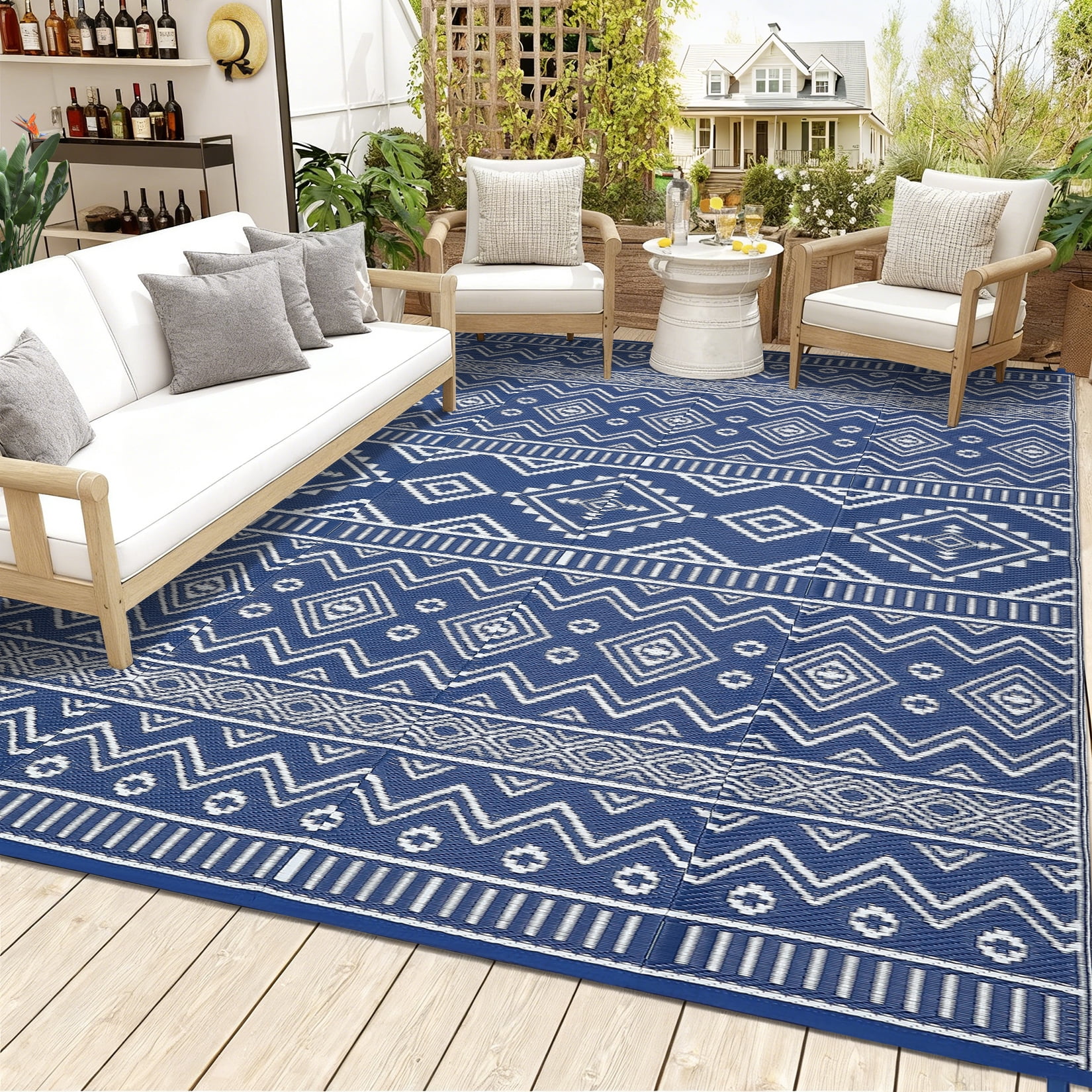 HIWEAVER 8' x 10' Navy/White Outdoor Rug PP Plastic Straw Woven Waterproof Patio Rug with Border Portable Outside Carpet for Balcony Deck Picnic Garden Decor