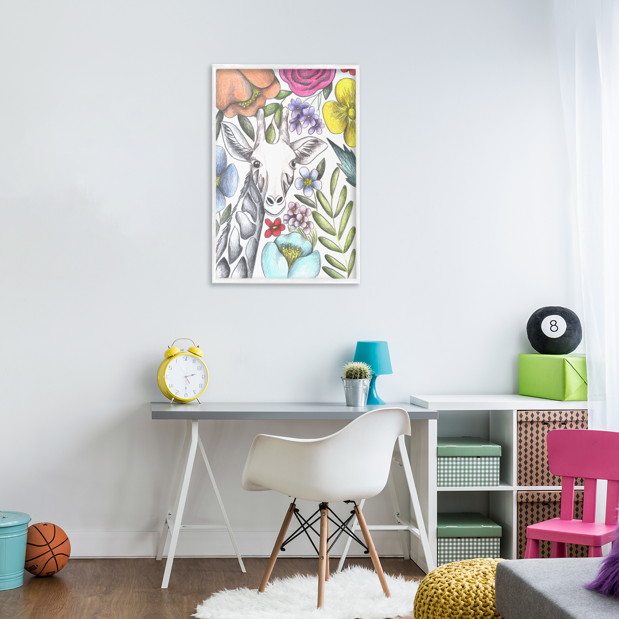 Giraffe In The Midst of Flowers White Framed Giclee Art, design by Cecilia Battaini