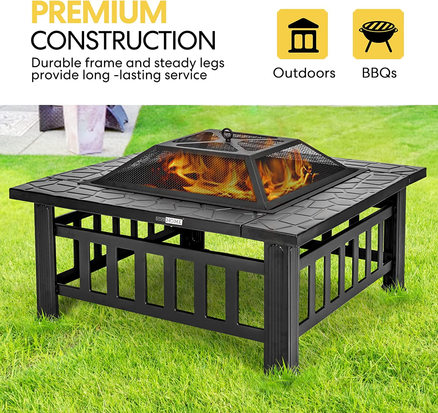 VIVOHOME 32 Inch Heavy Duty 3 in 1 Metal Square Patio Firepit Table BBQ Garden Stove with Spark Screen Cover Log Grate and Poker for Outside Wood Burning and Drink Cooling