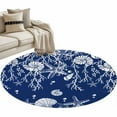 thumbnail image 2 of 3ft Round Rug, Navy Blue Coastal Non-Skid Rubber Backing Large Area Rugs - Living Room Bedroom Home Office, Starfish Coral Ocean Conch Sea Nautical Indoor Floor Mat Carpets Washable Rug, 2 of 9