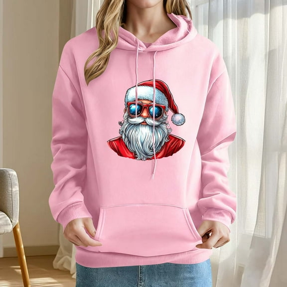 YueHuiYing Women's Printed Sleeves Long Sleeved Top Hooded Santa Claus Cartoon Pattern Sweatshirt