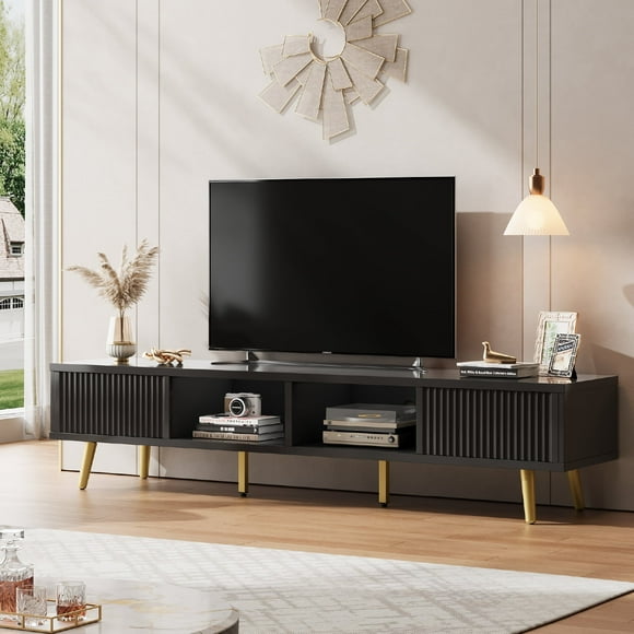 Bestier 71 inch Fluted TV Stand for TVs up to 75", Modern High Gloss Entertainment Center with Storage Cabinet, Black