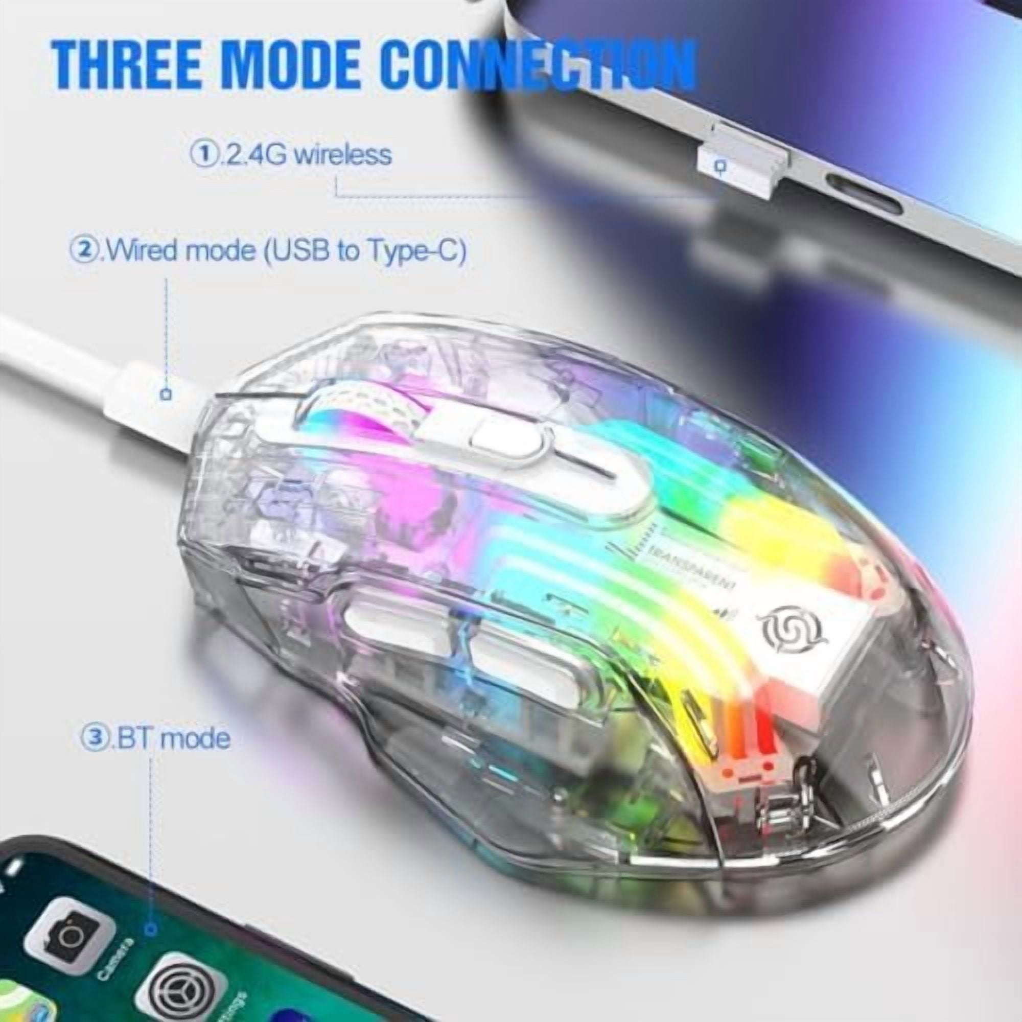 Tri-Mode Wireless Gaming Mouse, 2.4G/Bluetooth/USB-C Wired, Transparent Chroma RGB Mouse, 3600 DPI Optical Computer Mouse for PC Laptop Esports (White/Black)