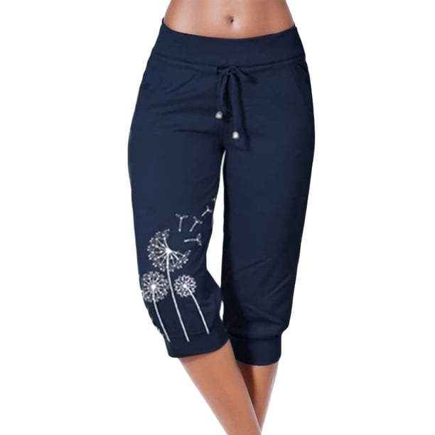 Gibobby pantalones de vestir mujer cintura alta Pantalones de cintura con cinturón elástico con bolsillos estampados sólidos informales para mujer Pantalones de longitud media (Azul marino, L)