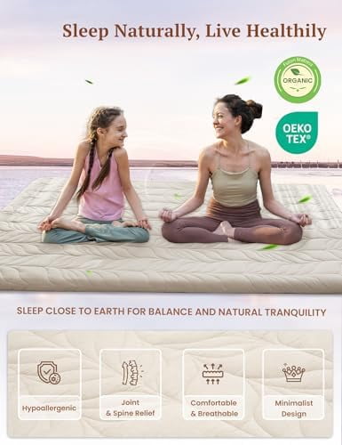 Zonli Japanese Floor Mattress Futon, Foldable Tatami Mat with Cotton Cover, Full 75"x54", Khaki