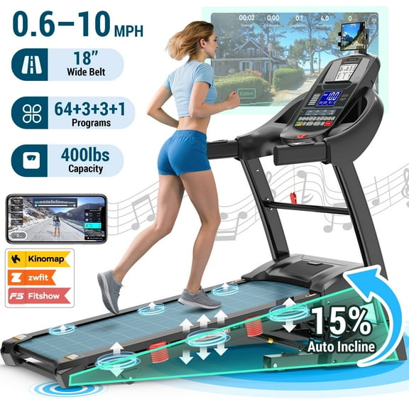 Treadmill for Home with 15% Auto Incline, 5.0HP Folding Treadmill 400lbs Capacity, LCD Display, 64+3+3+1 Programs, APP & Bluetooth, 0.6-10MPH