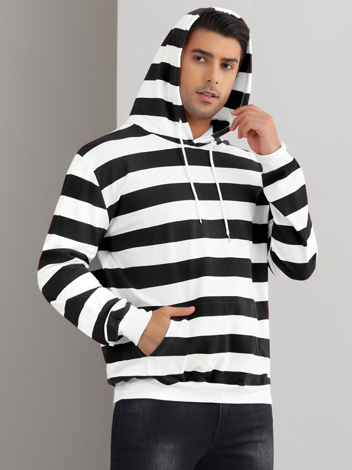 DARING DIVA Men's Striped Long Sleeves Drawstring Pullover Sweatshirts Hoodie L Black White