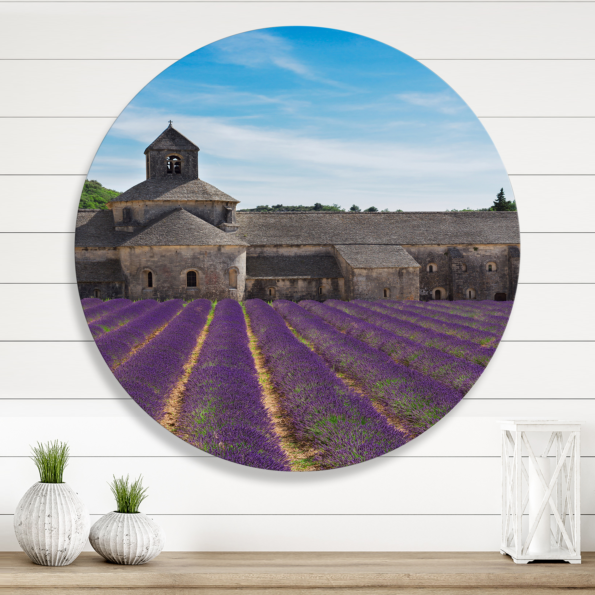 Designart 'Abbey With Lavender Field In France' Farmhouse Circle Metal Wall Art 11x11 - Disc of 11