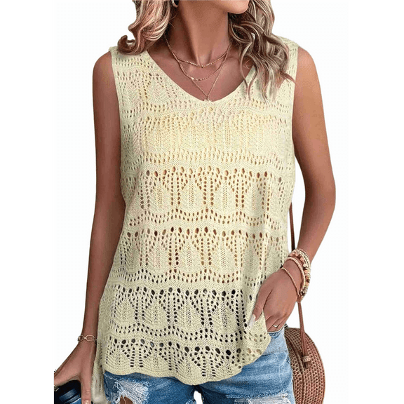 Women Summer Tank Top Trendy V Neck Crochet Sleeveless Shirts Sweater Vest Beige S