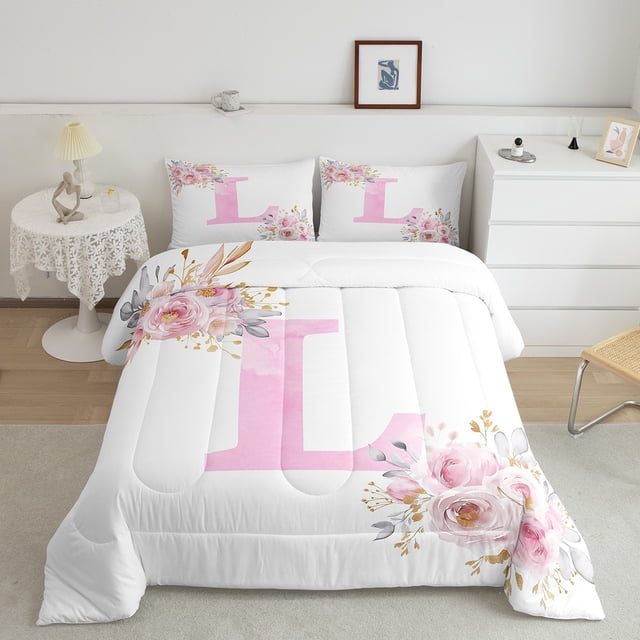 Erosebridal Ensemble de Literie Initiale L Lettre Simple, Couette Monogramme Floral, Décor Initiale A-Z, Réversible