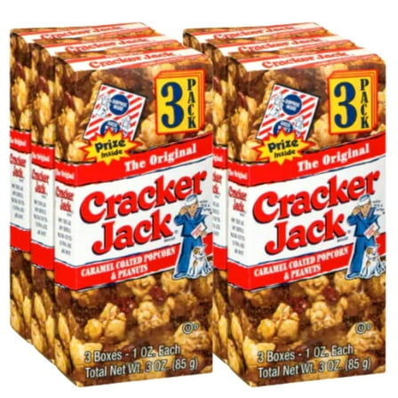NS (6 Total Boxes) Cracker Jack Original 3-Pack, Caramel Popcorn with Peanuts 1oz. Boxes Whole Grain Fluffy & Crunchy with Sweet Coating Kernel Corn Midnight Movie Nights Party Snack Set of 2