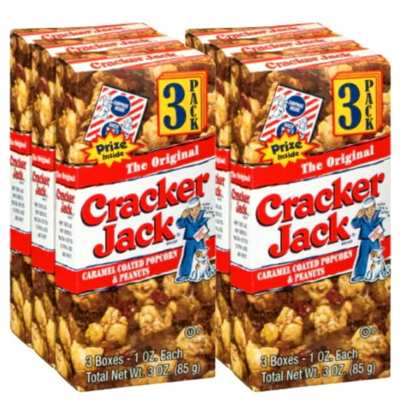 NS (6 Total Boxes) Cracker Jack Original 3-Pack, Caramel Popcorn with Peanuts 1oz. Boxes Whole Grain Fluffy & Crunchy with Sweet Coating Kernel Corn Midnight Movie Nights Party Snack Set of 2