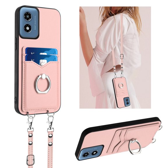 for Motorola Moto G Play 4G 2024 PU Leather Phone Case, Classic Shoulder Strap Card Slots Shockproof Protective Ring Bracket Anti-scratch Ultra Slim Back Case for Moto G Play 4G 2024 - Rosegold