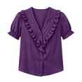 thumbnail image 2 of Cilsoka Women's Ruffle Trim Button Down Shirts Summer V Neck Puff Sleeve Cotton Linen Tops Casual Loose Fit Solid Blouse, 2 of 6