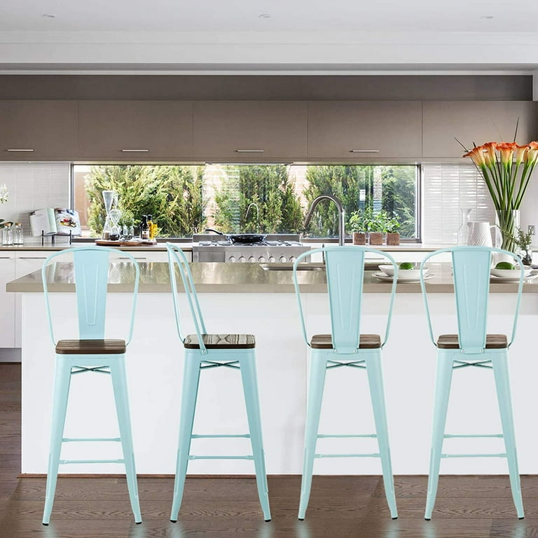 Mecor Metal Bar Stools Set of 4 w Removable Backrest 30 Dining Bar Height Chairs with Wood Seat Light Blue