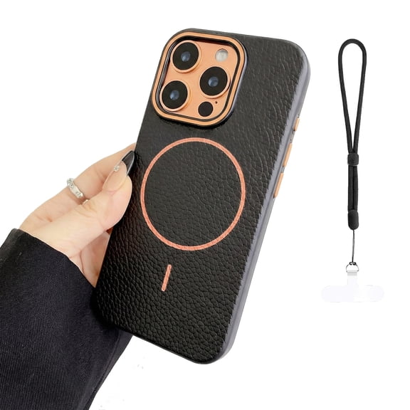 Allytechgroup Slim Case for Apple iPhone 16 Pro with Hand Strap, [Compatible with Magsafe] Anti-Scratch Non-Slip PU Leather TPU Inner Soft Back Cover for Women Men, Blackorange