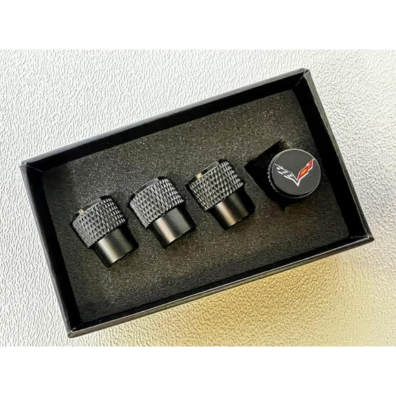 Eurosport Corvette C7 Logo Black Valve Stem Caps - Knurled