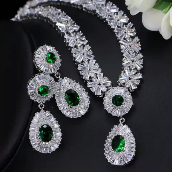 Bold Silver Plated Red Cubic Zircon Women Earrings Necklace Costume Jewelry Set