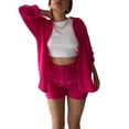 thumbnail image 4 of Yunliwuli Women Summer Clothes Set Solid Color Pleated Long Sleeve Shirt and Casual Drawstring High Waist Shorts Clubwear, 4 of 10