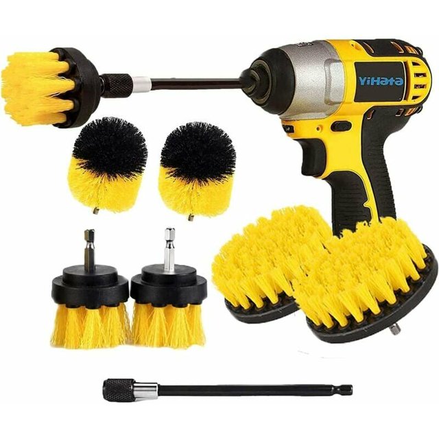 cepillos de limpieza para taladro, cepillo para taladro, coche, azulejo, alfombra, bañera, cocina, inodoro, amarillo