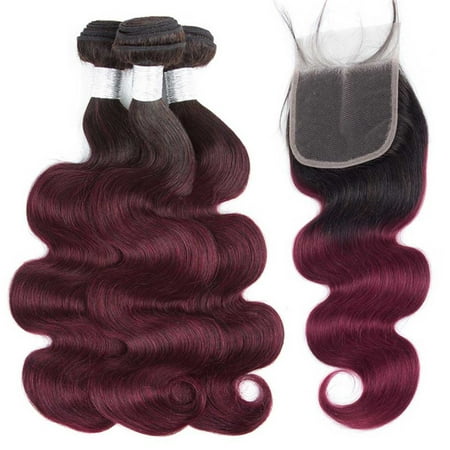 HC Brazilian Body Wave Ombre Wine Red Hair 3 Bundles with Closure Color 1B/99J, 12