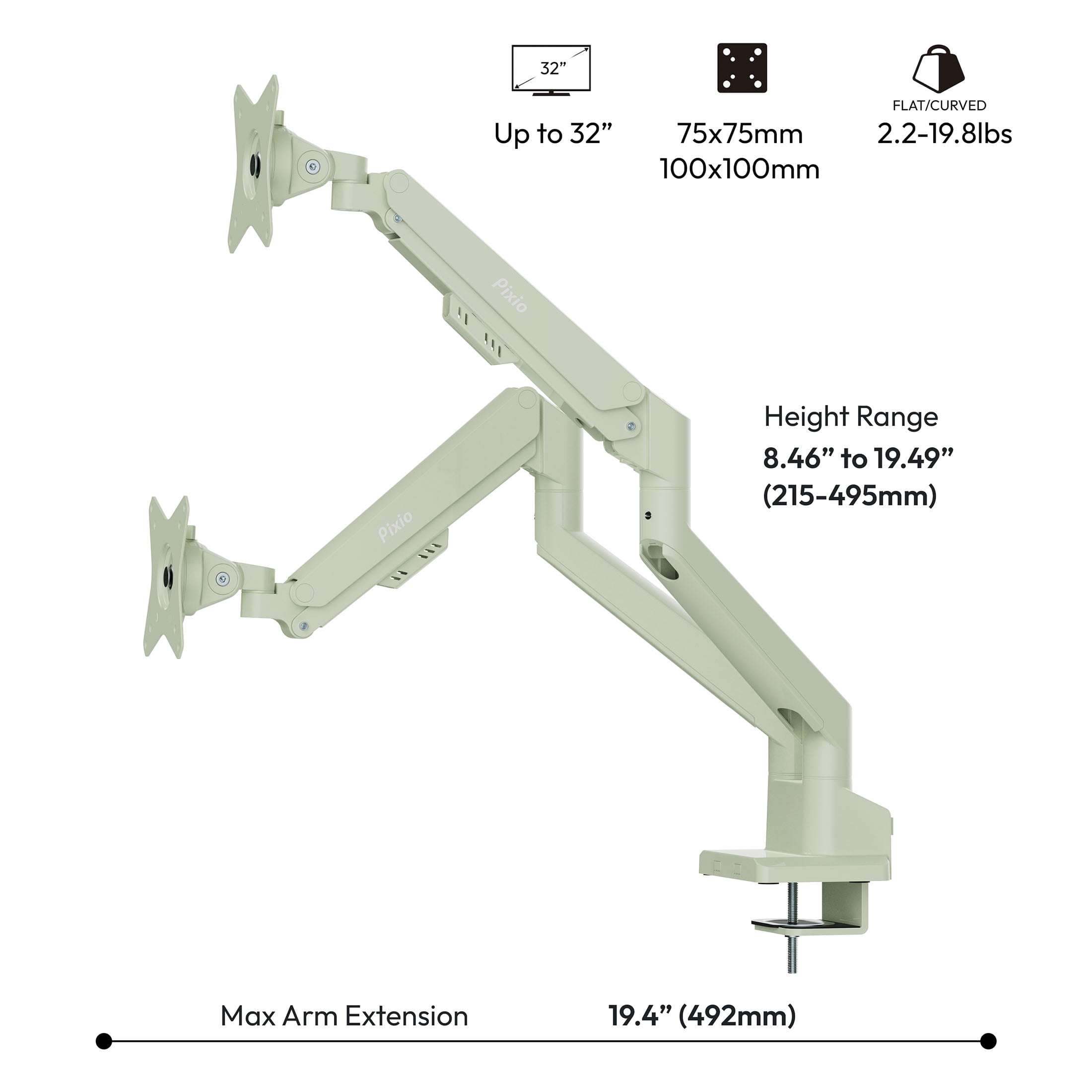 Pixio PS1D Wave Mint Green Dual Monitor Arm Stand Desk Mount - Fits up to 32 inches Monitors and up to 19.8lbs. VESA Compatibility and Integrated Cable Management