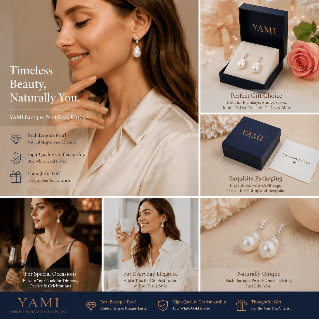YAMI 9-10mm Baroque Freshwater Pearl Earrings, 925 Sterling Silver Dangle Drop Earrings with CZ, Cultured Pearl Jewelry Gift