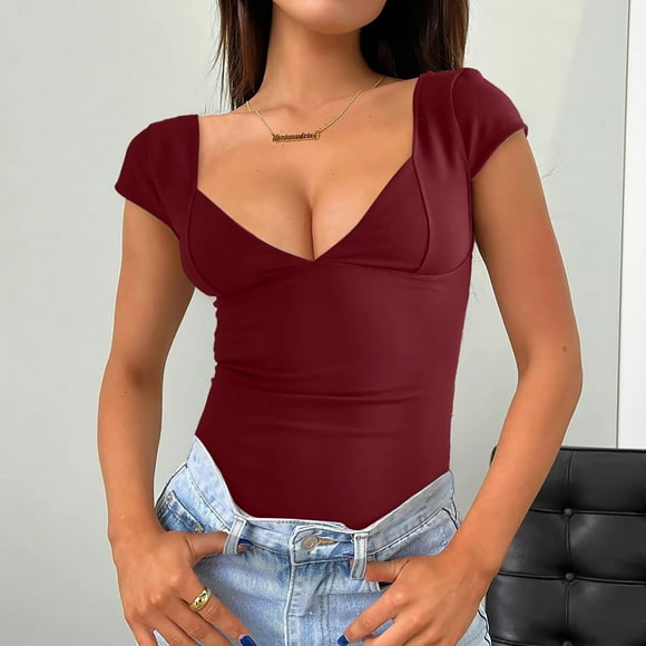 Red Womens Tops Women's V Neck Short Sleeve T Shirts Double Lined Tee Seamed Cup Going Out Tops Going Out Tops for Women