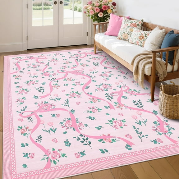 Garvee 5x7 Area Rug Modern Floral Print Rugs for Living Room, Machine Washable Rug Soft Non Slip Indoor Rug Carpet, Low Pile Ultra Thin Farmhouse Rugs for Bedroom Dining Room Home Decor, Pink
