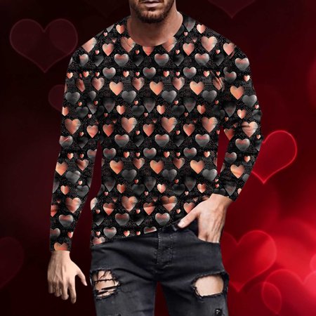 EchfiProm Graphic Tees for Men Shirts Long Sleeve Valentine Crewneck Graphic Beige Adults Tops Heart 5XL