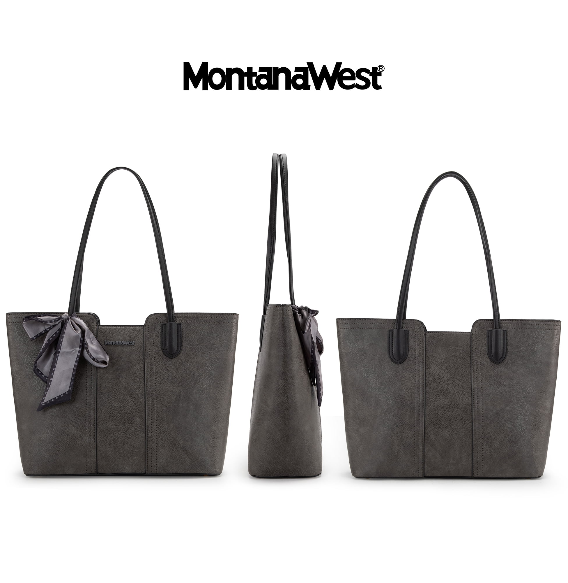 Montana West Tote Bags for Women Medium Top Handle Handbags with Scarf, Dark Grey