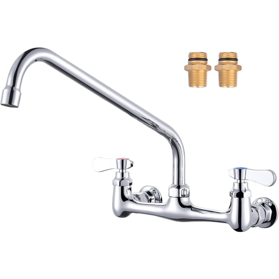 Commercial Sink Faucet with 14” Swivel Spout, 8" Center Wall Mount Kitchen Faucet, Dual Handles Brass Utility Sink Faucet for Laundry Room Restaurant Compartment Sink, Polish Chrome
