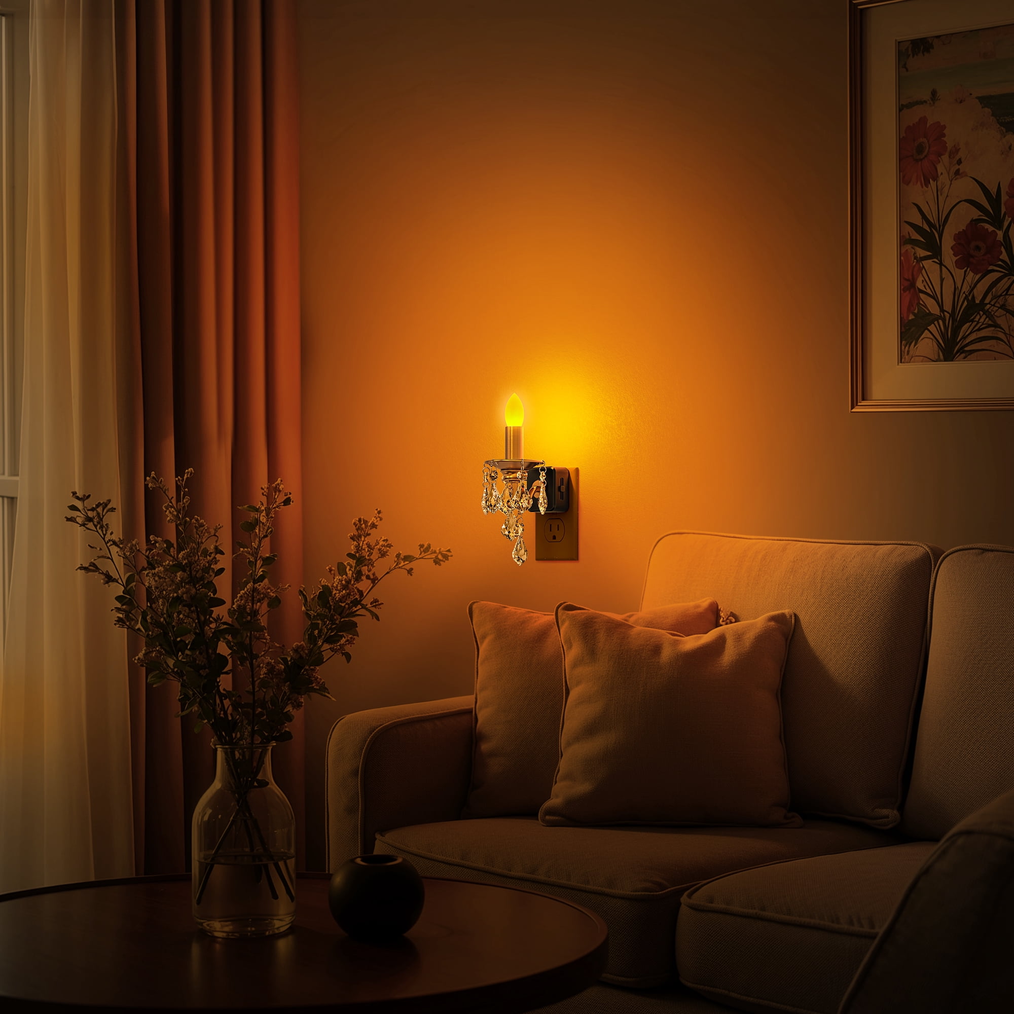 YANSUN Plug-in Warm White 1600K Black & Brass Amber Crystal Pendant Candle Night Light