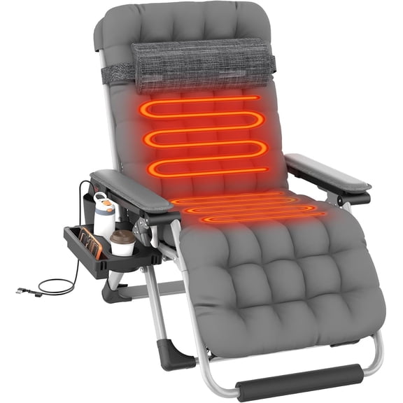 Oswerpon Oversized XXL Heated Padded Zero Gravity Lounge Chair, 500-Lb Folding Recliner with Upgraded Lock, Cup Holder, Removable Cushion, Pillow and Footrest for Patio and Office, Fossil Gray