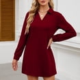 thumbnail image 2 of Women's A-Line Loose Polo Collar Long Sleeve Wine Red Midi Dress - Solid Casual Athletic Pullover Sweatshirt, Spring & Autumn, S-XXL, 2 of 5