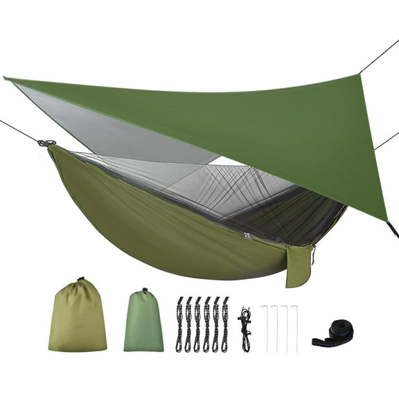 Portable Camping Hammock with Rain Fly Tarp & Mosquito Net - Single/Double Hammock Tent for Backpacking, Hiking, Travel & Yard - Lightweight, Durable & Easy Setup (Green)
