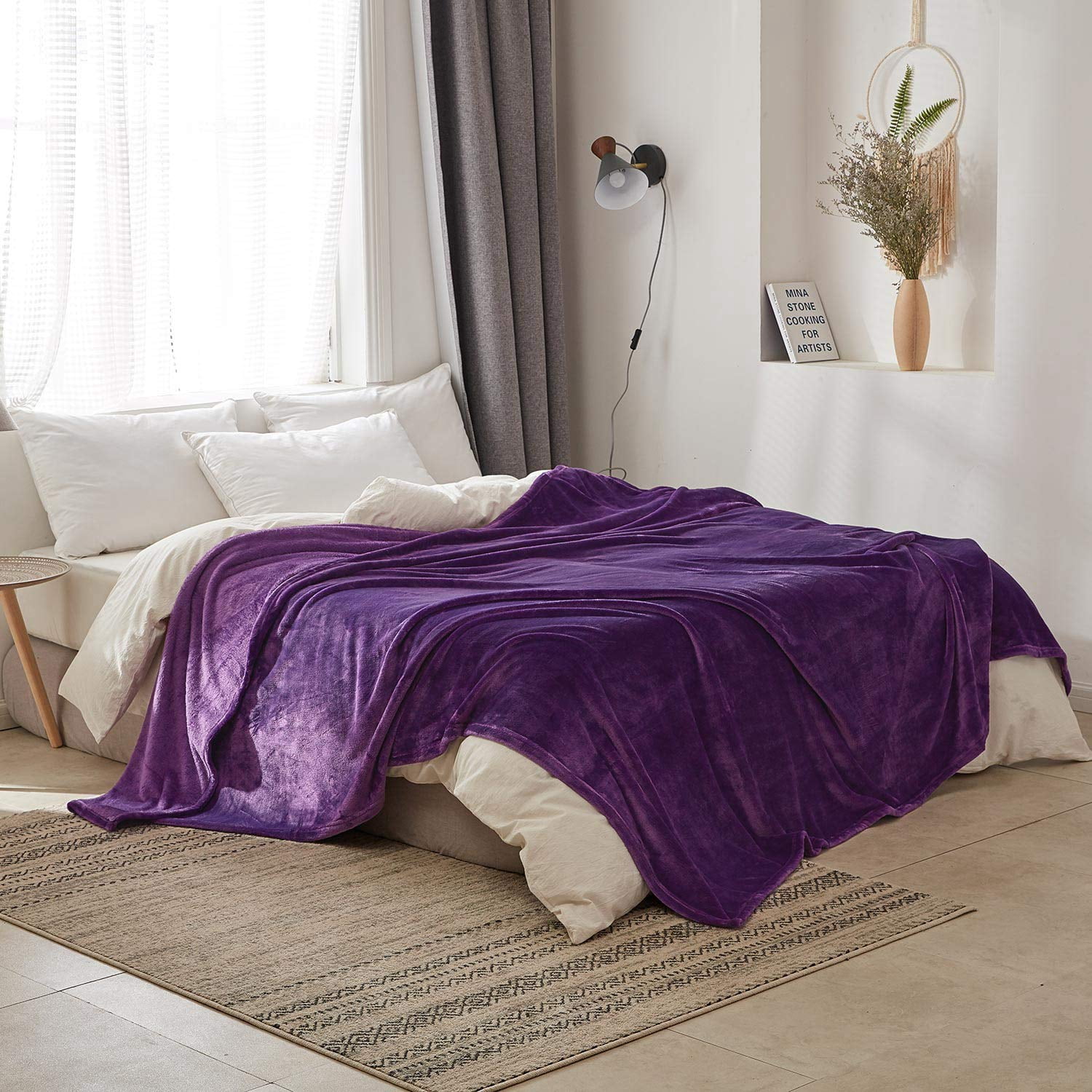 Premium Flannel Blanket Queen Purple Lightweight Cozy Fuzzy Microfiber