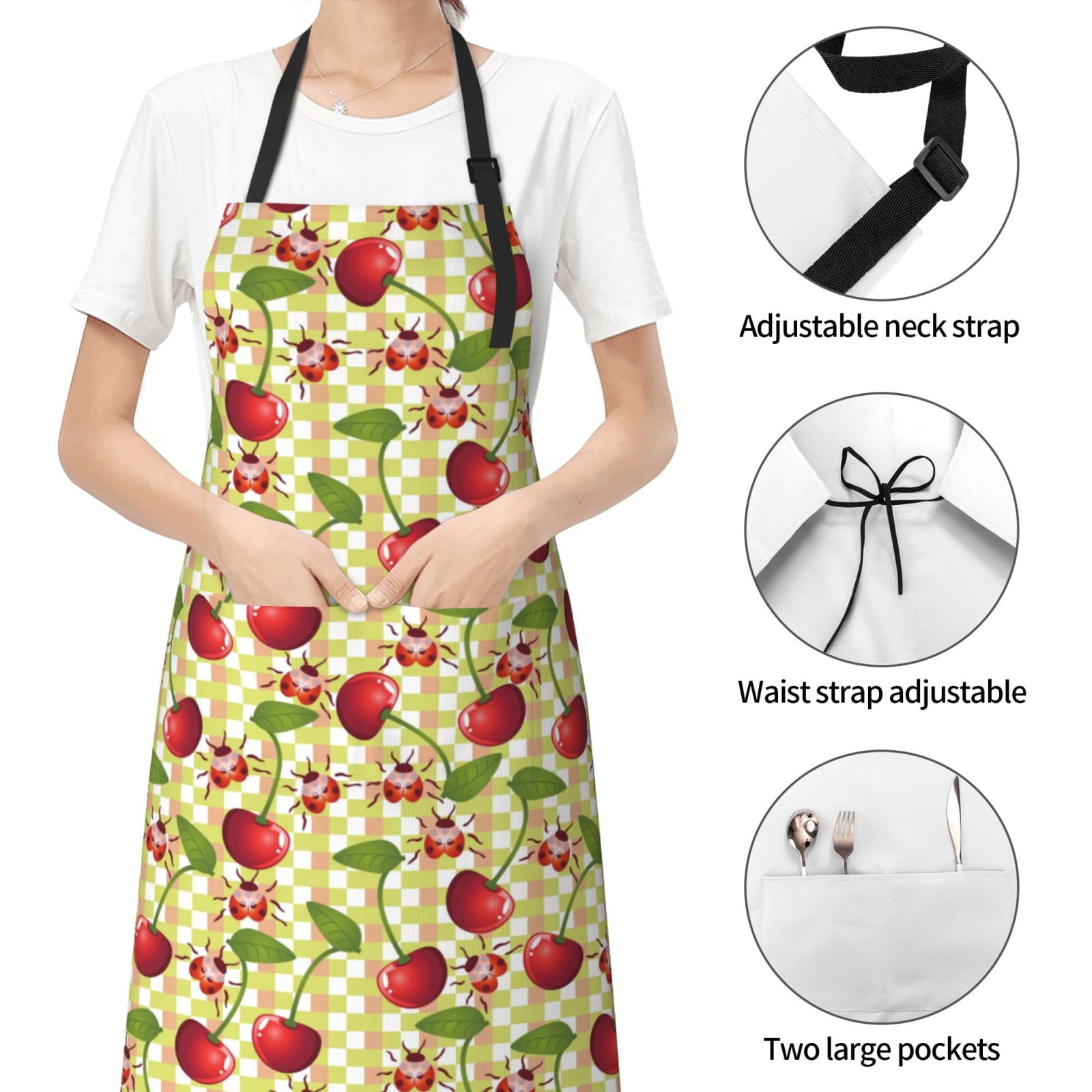 Naloa Cherries and Ladybirds Apron Kitchen Aprons with Pockets for Women Men Chef