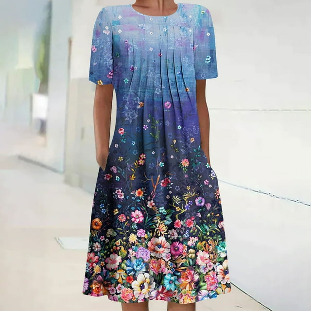 Robes Maxi pour Femmes 2023 Robe d'Été Bohème à Imprimé à Manches Courtes Robe de Plage Longueur Genou Robe à Manches Courtes en Liquidation
