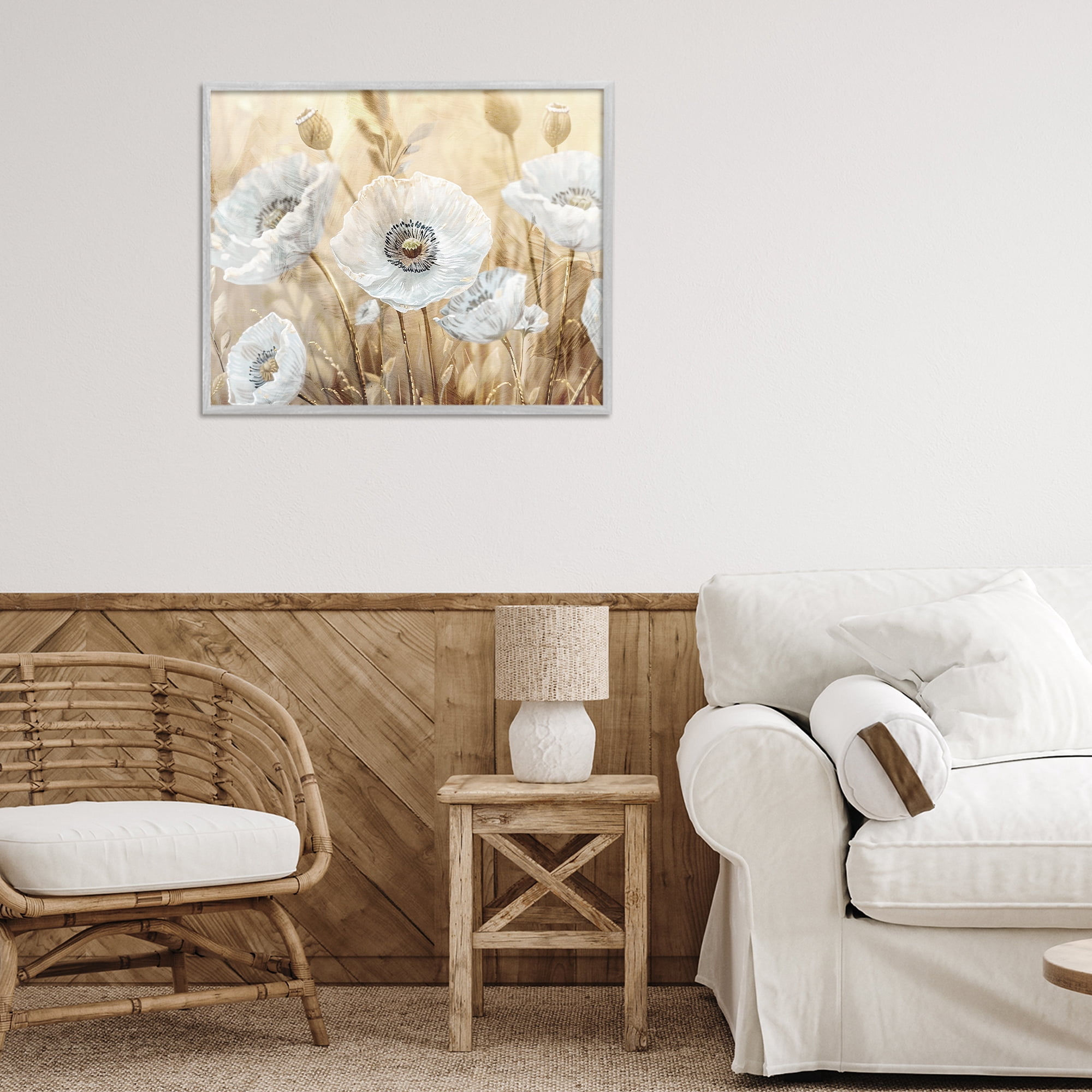 Stupell Industries White Poppies Beige Field Gray Framed Giclee Art, design by Kim Allen